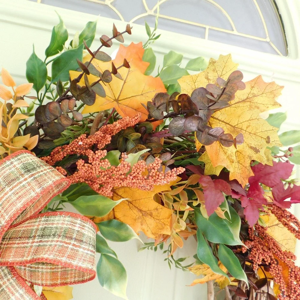 Autumn Crescent Wreath with Plaid Bow, Orange Maple Leaves, Vibrant colors